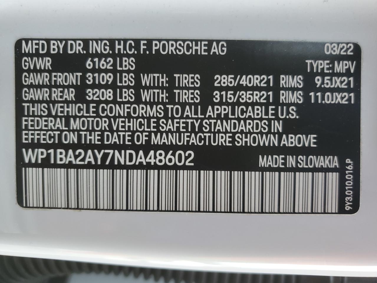 2022 PORSCHE CAYENNE COUPE VIN:WP1BA2AY7NDA48602