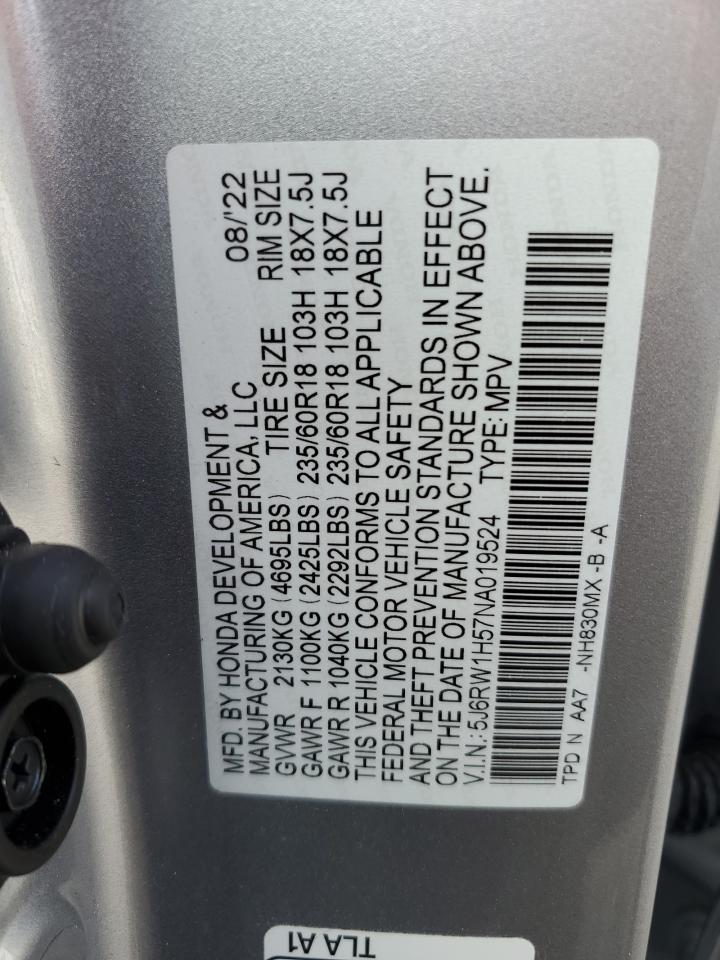 2022 HONDA CR-V EX VIN:5J6RW1H57NA019524