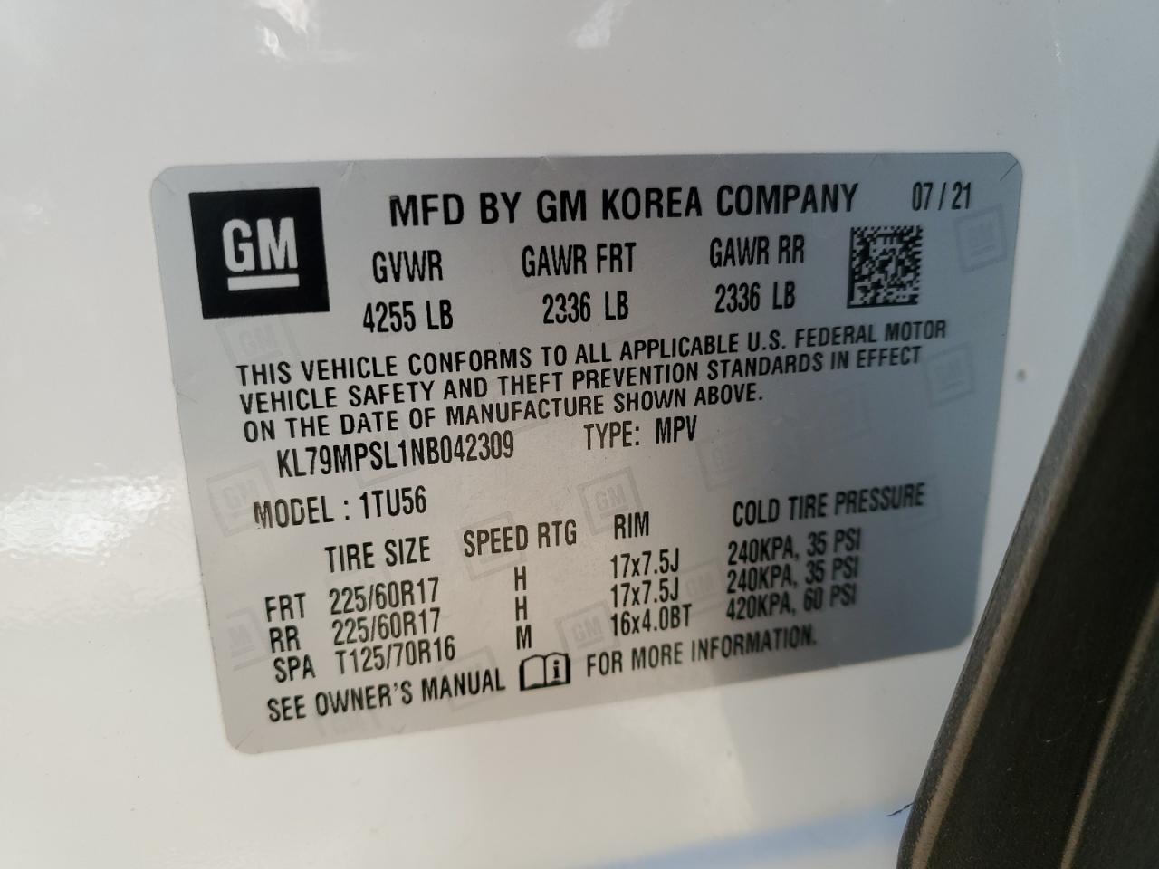 2022 CHEVROLET TRAILBLAZER LT VIN:KL79MPSL1NB042309