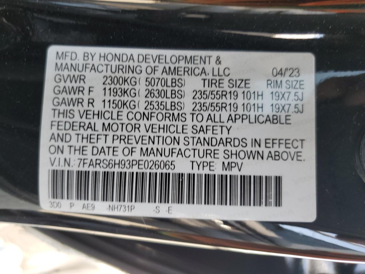 2023 HONDA CR-V SPORT TOURING VIN:7FARS6H93PE026065