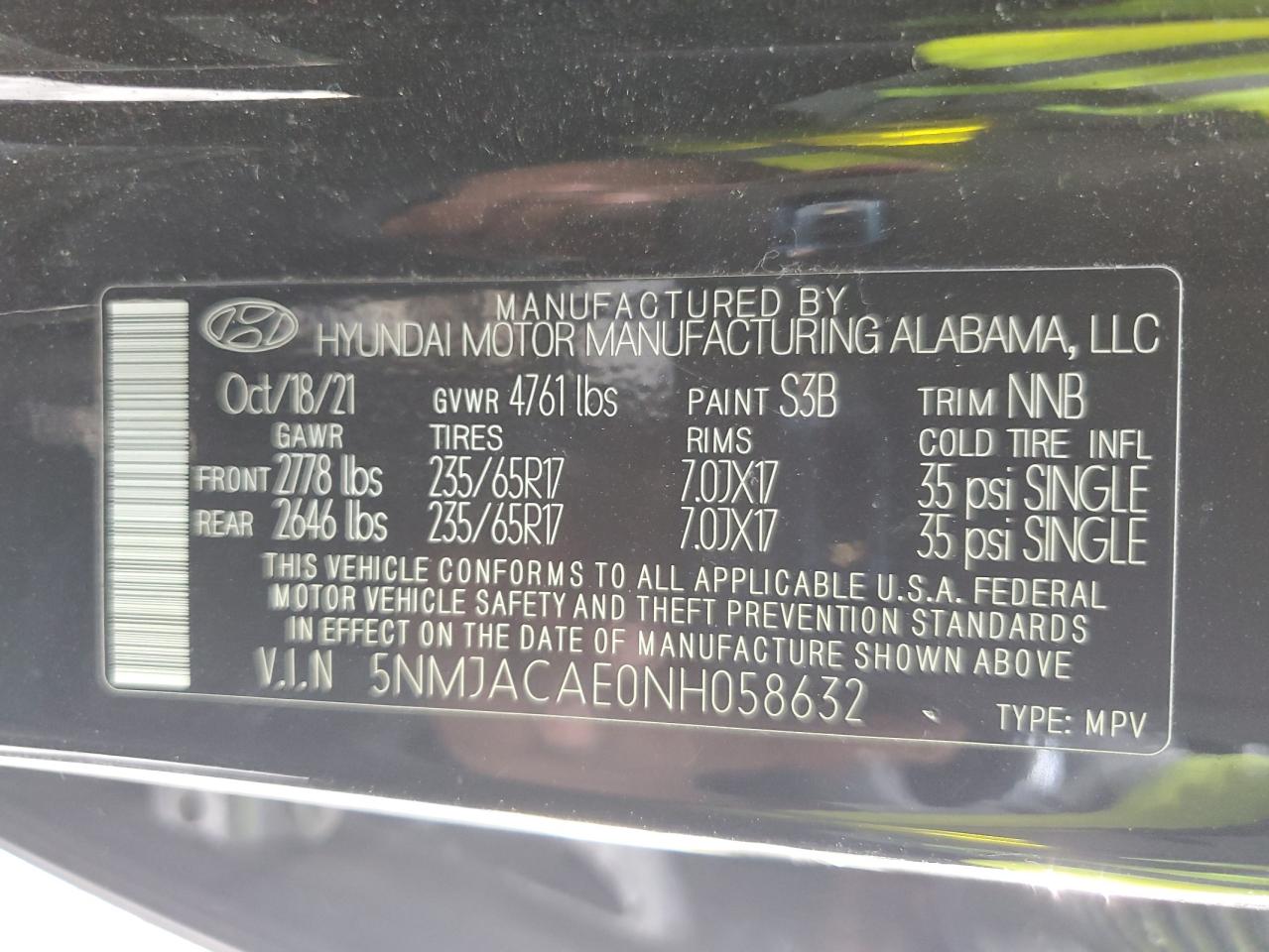 2022 HYUNDAI TUCSON SE VIN:5NMJACAE0NH058632