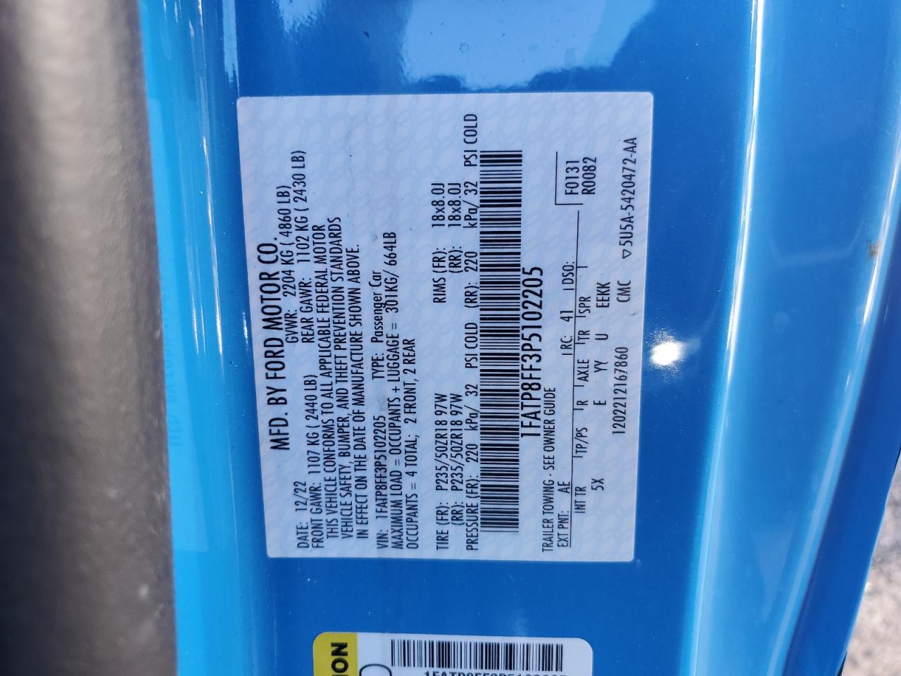 2023 FORD MUSTANG GT VIN:1FATP8FF3P5102205