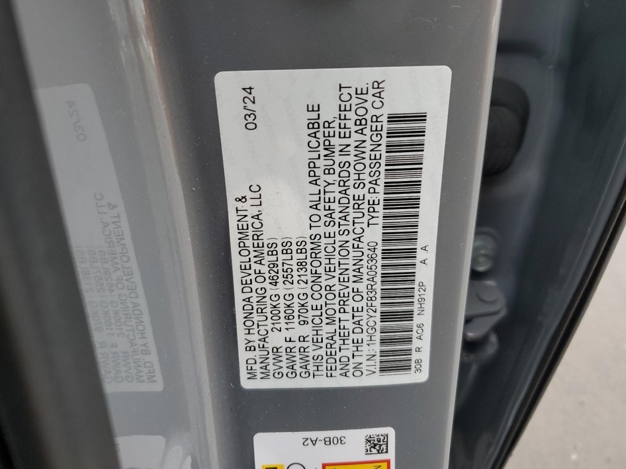 2024 HONDA ACCORD TOURING HYBRID VIN:1HGCY2F83RA053640