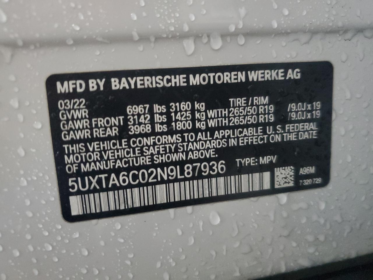 2022 BMW X5 XDRIVE45E VIN:5UXTA6C02N9L87936