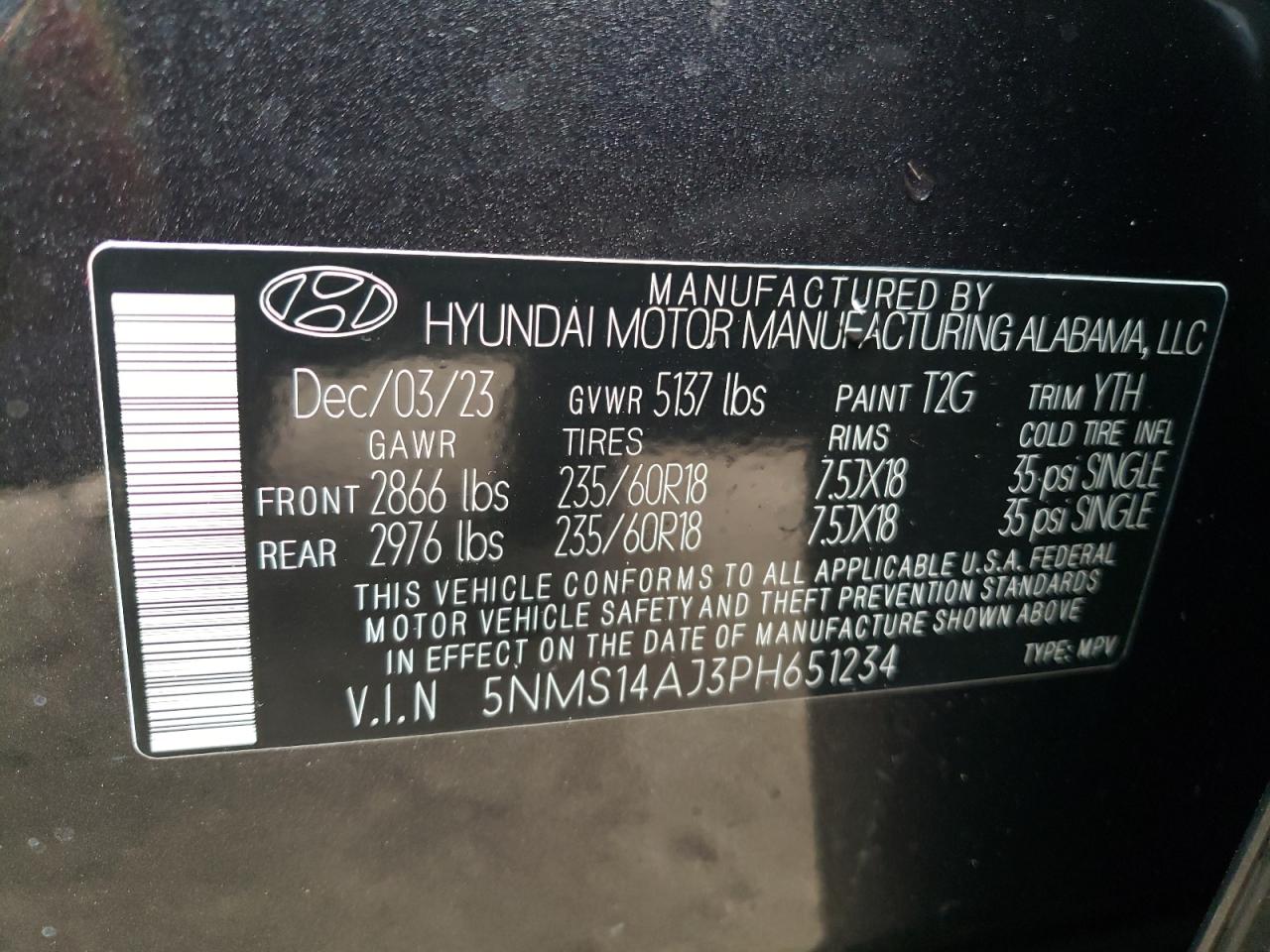 2023 HYUNDAI SANTA FE SE VIN:5NMS14AJ3PH651234