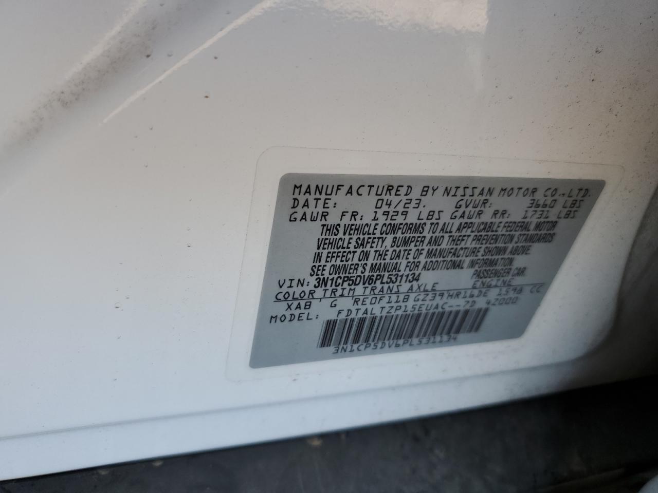 2023 NISSAN KICKS SR VIN:3N1CP5DV6PL531134