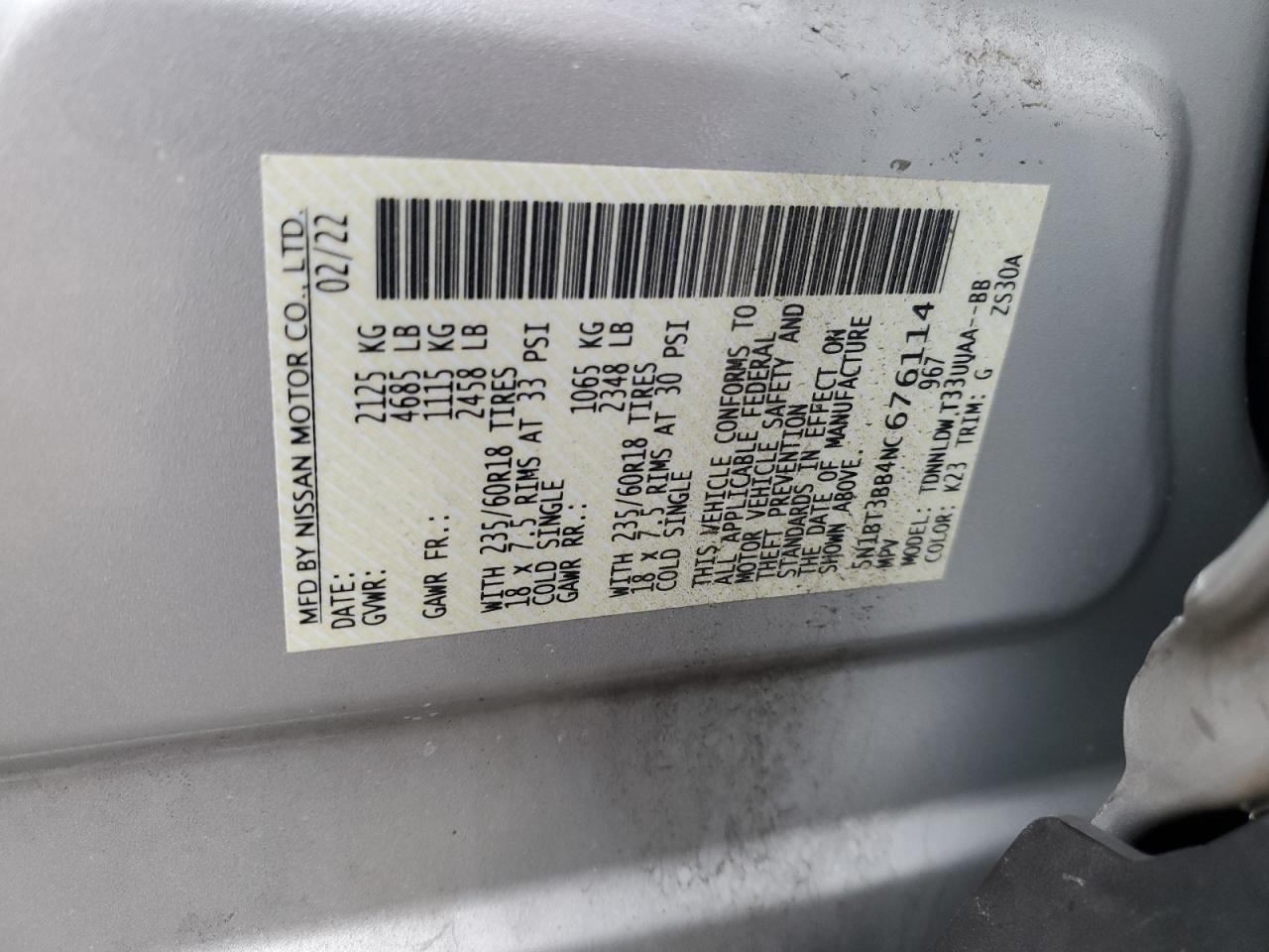 2022 NISSAN ROGUE SV VIN:5N1BT3BB4NC676114