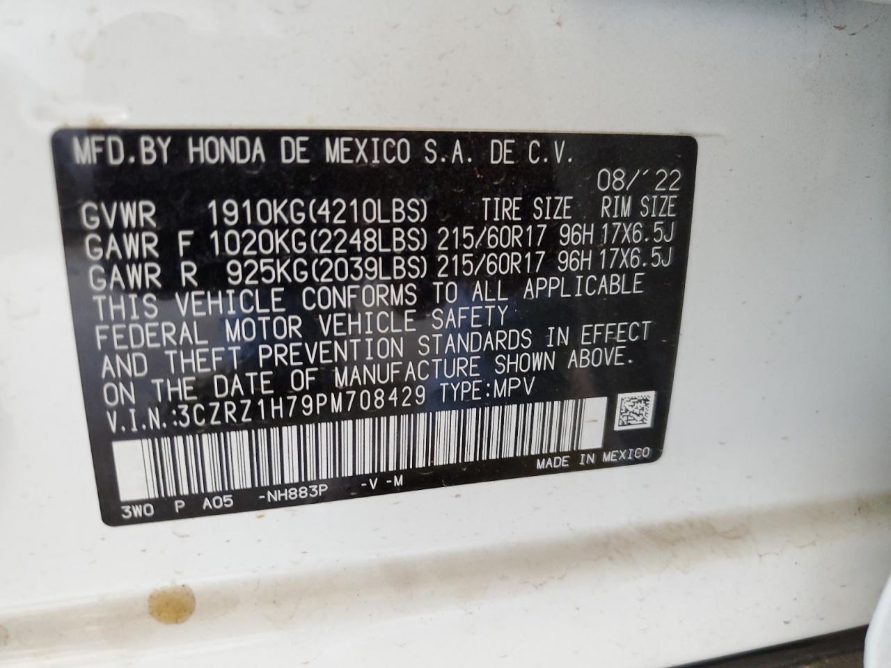 2023 HONDA HR-V EXL VIN:3CZRZ1H79PM708429