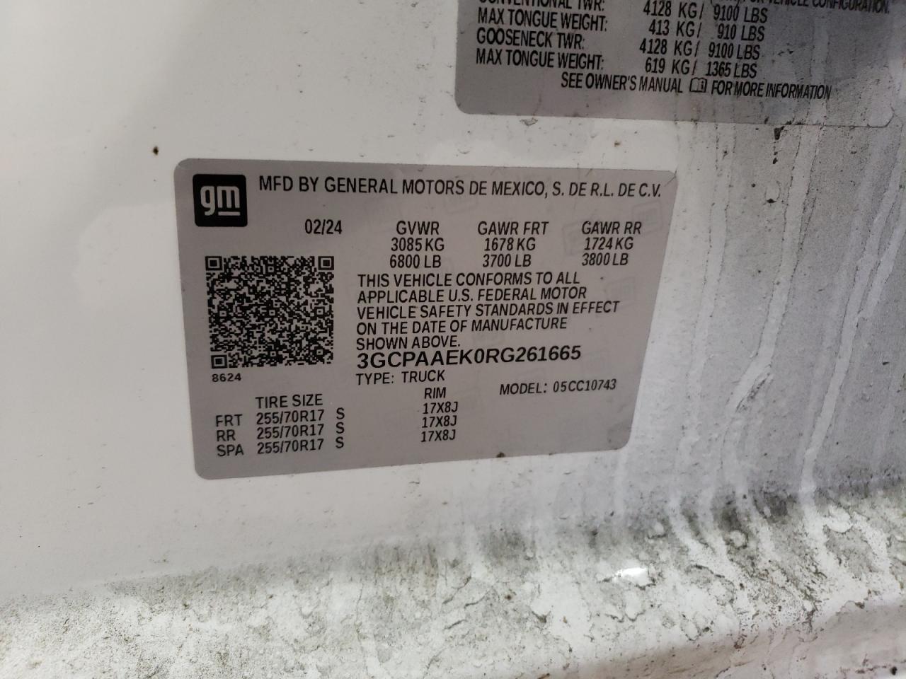 2024 CHEVROLET SILVERADO C1500 VIN:3GCPAAEK0RG261665