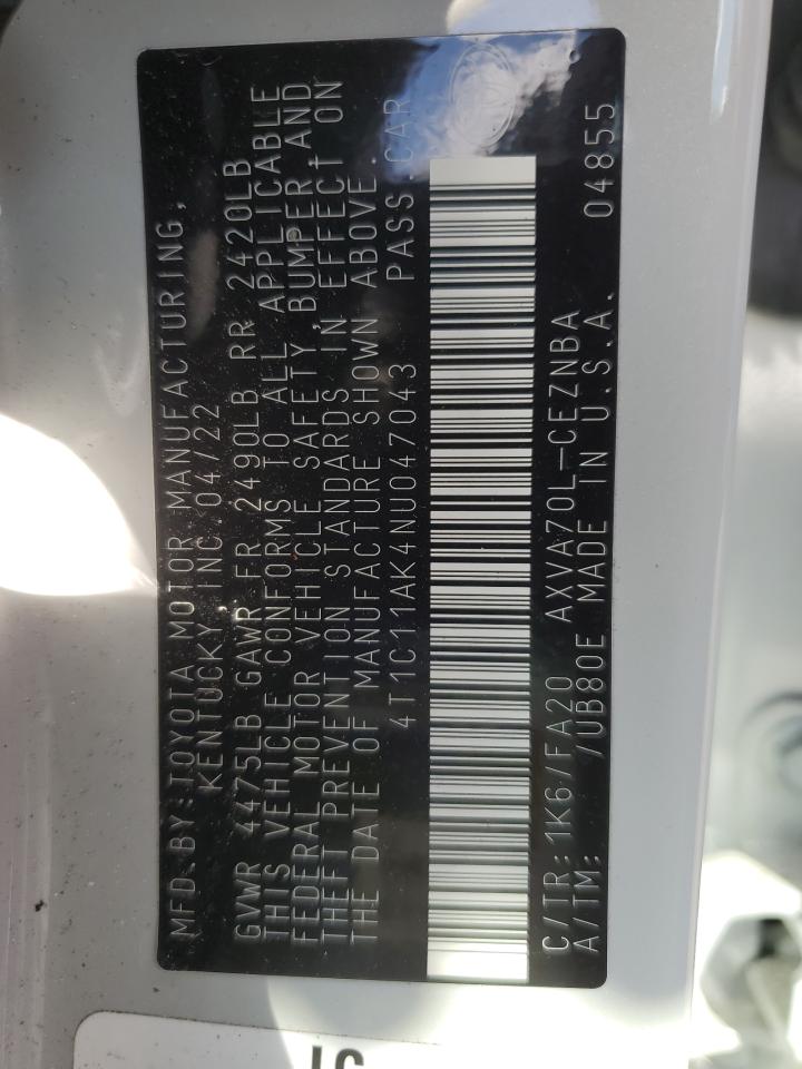 2022 TOYOTA CAMRY LE VIN:4T1C11AK4NU047043