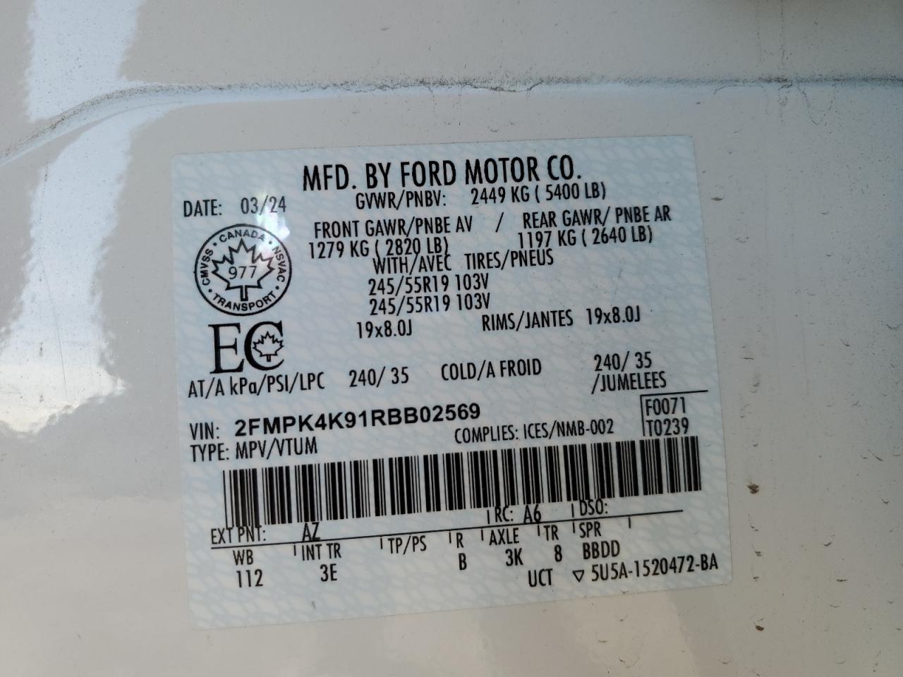 2024 FORD EDGE TITANIUM VIN:2FMPK4K91RBB02569
