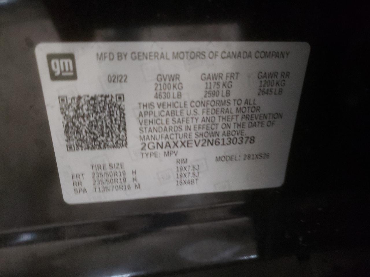 2022 CHEVROLET EQUINOX PREMIER VIN:2GNAXXEV2N6130378