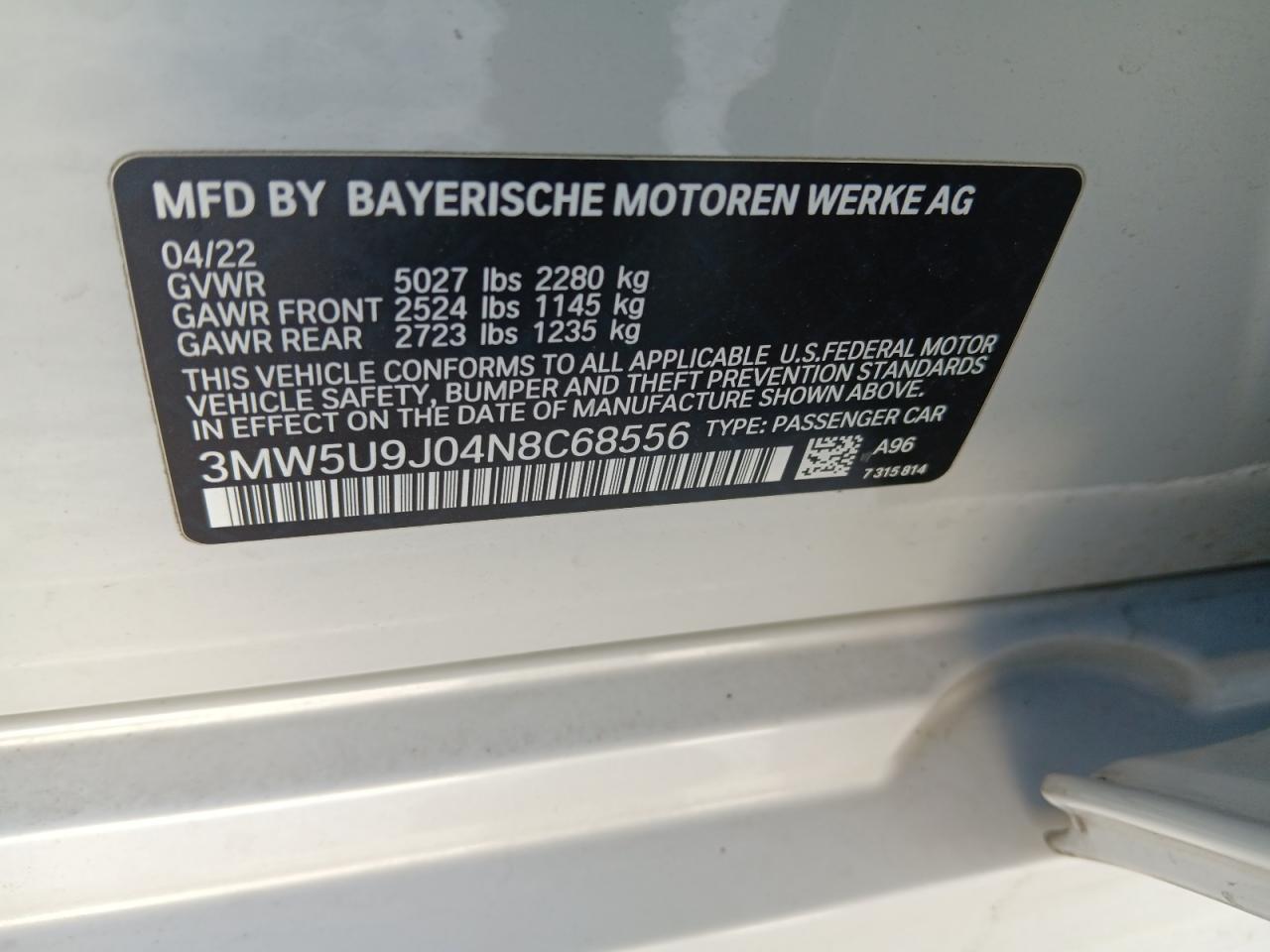 2022 BMW M340XI  VIN:3MW5U9J04N8C68556