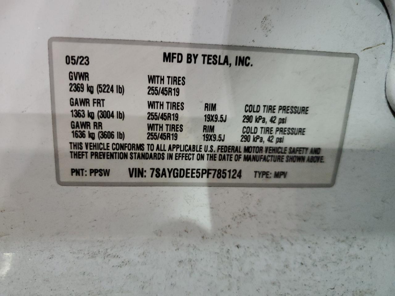 2023 TESLA MODEL Y  VIN:7SAYGDEE5PF785124