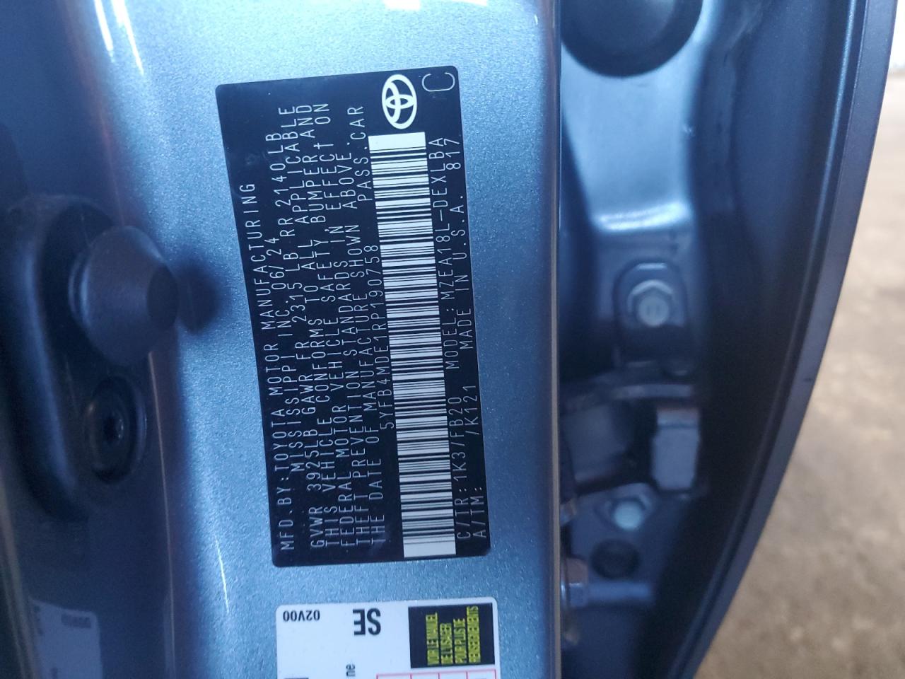 2024 TOYOTA COROLLA LE VIN:5YFB4MDE1RP190758