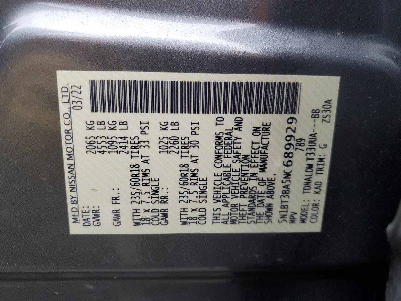 2022 NISSAN ROGUE SV VIN:5N1BT3BA5NC689929