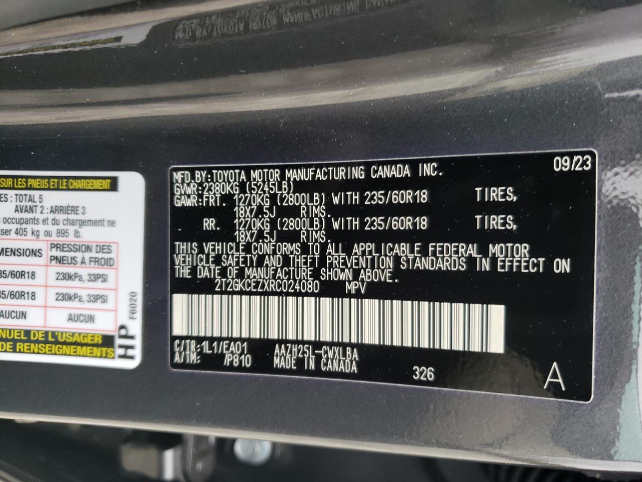 2024 LEXUS NX 350H BASE VIN:2T2GKCEZXRC024080