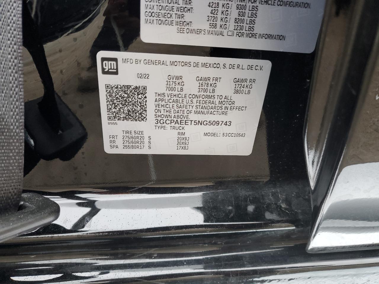 2022 CHEVROLET SILVERADO C1500 LTZ VIN:3GCPAEET5NG509743