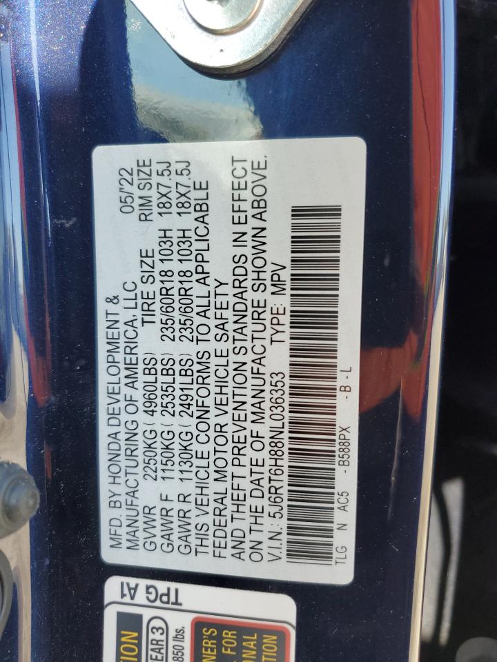 2022 HONDA CR-V EXL VIN:5J6RT6H88NL036353