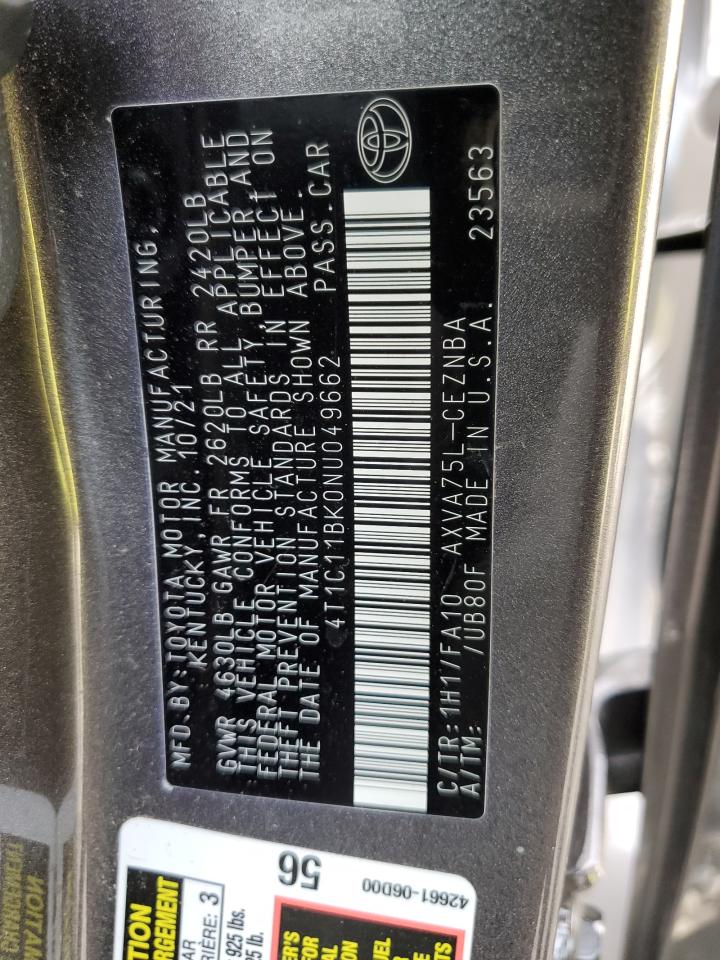 2022 TOYOTA CAMRY LE VIN:4T1C11BK0NU049662