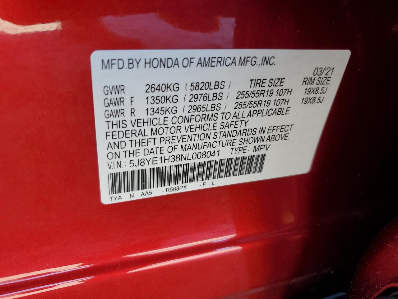 2022 ACURA MDX  VIN:5J8YE1H38NL008041