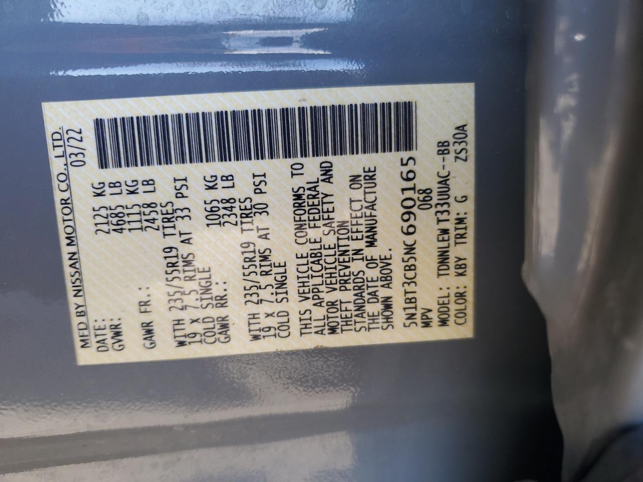 2022 NISSAN ROGUE SL VIN:5N1BT3CB5NC690165