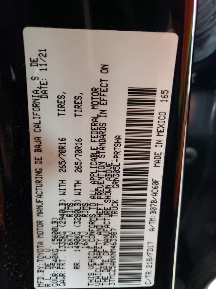 2022 TOYOTA TACOMA DOUBLE CAB VIN:3TMCZ5ANXNM463987