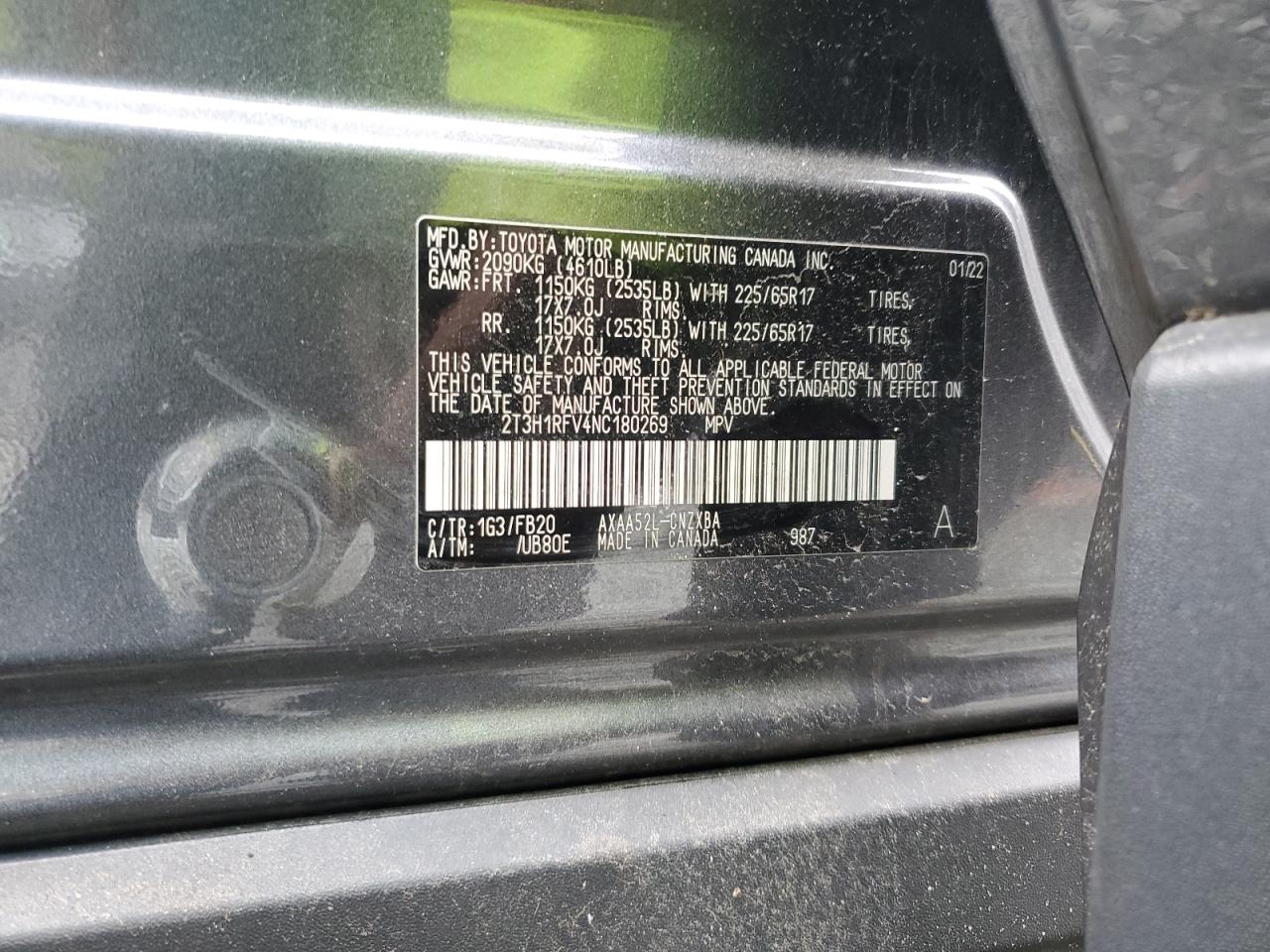 2022 TOYOTA RAV4 LE VIN:2T3H1RFV4NC180269