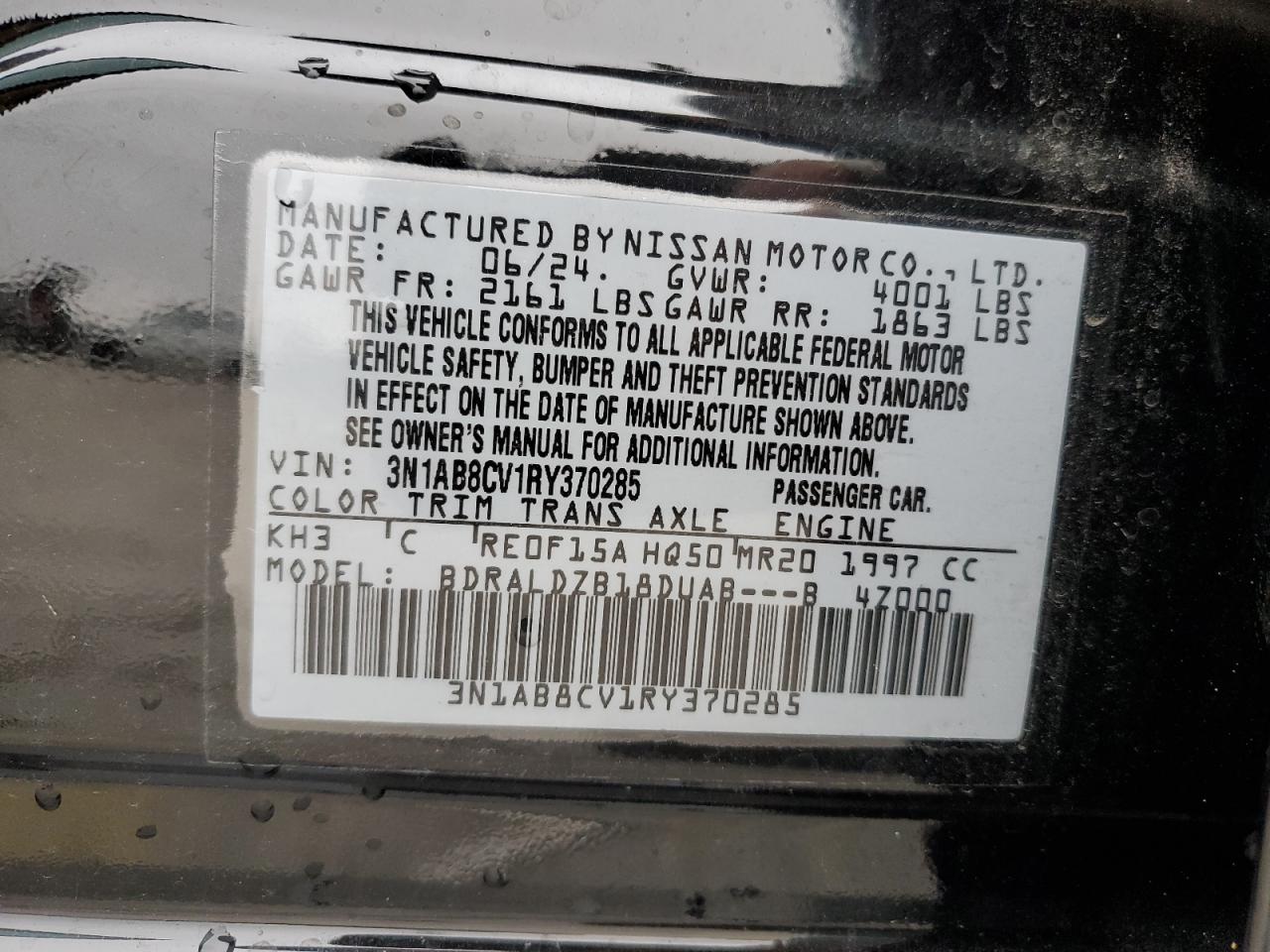 2024 NISSAN SENTRA SV VIN:3N1AB8CV1RY370285