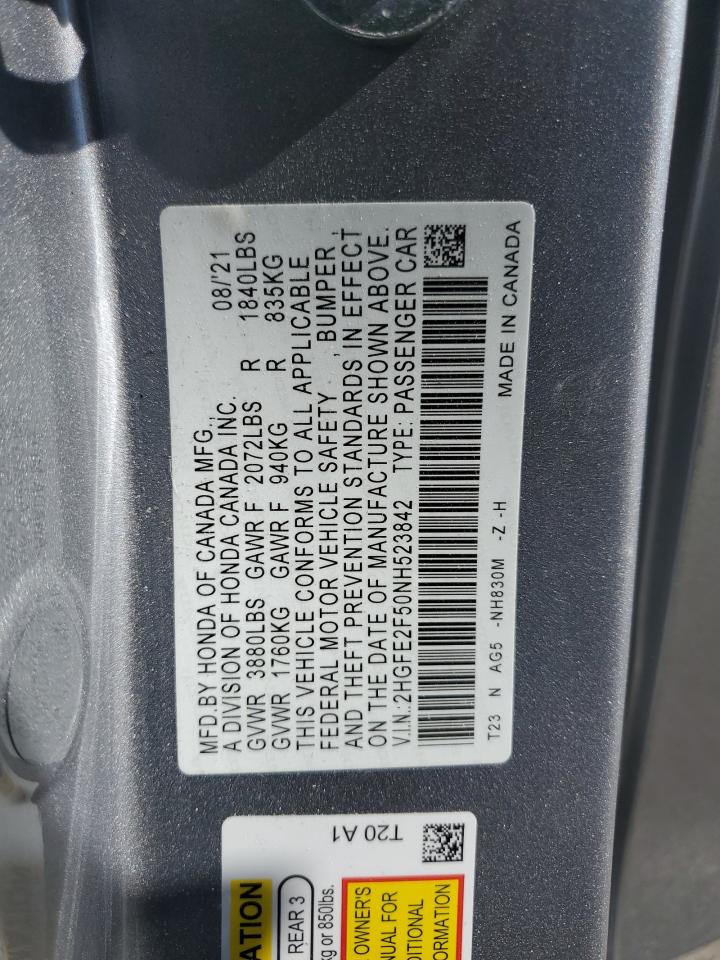 2022 HONDA CIVIC SPORT VIN:2HGFE2F50NH523842