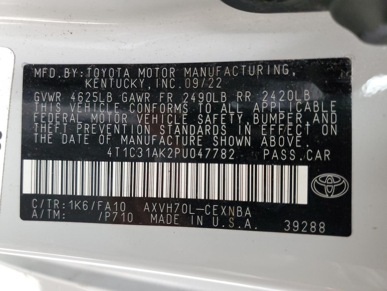 2023 TOYOTA CAMRY LE VIN:4T1C31AK2PU047782