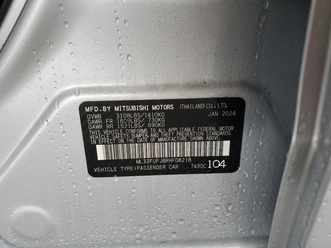 2024 MITSUBISHI MIRAGE G4 ES VIN:ML32FUFJ8RHF08218