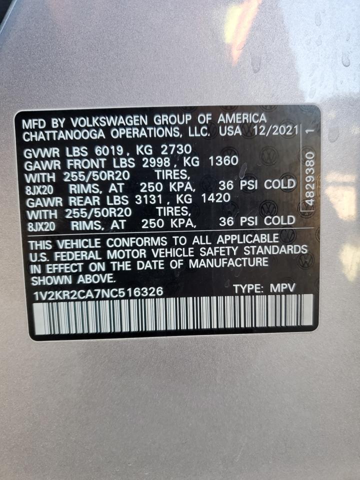 2022 VOLKSWAGEN ATLAS SE VIN:1V2KR2CA7NC516326