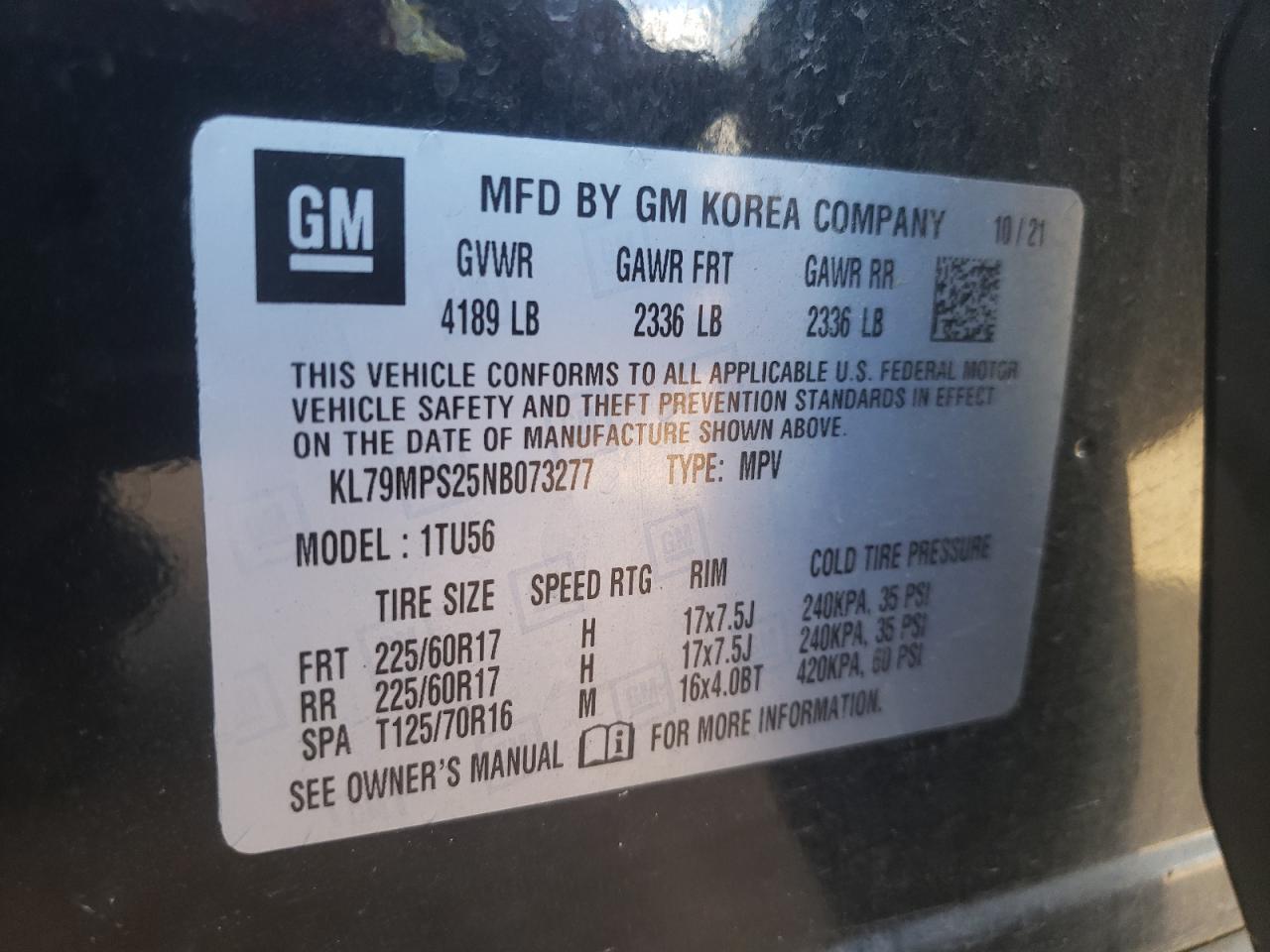 2022 CHEVROLET TRAILBLAZER LT VIN:KL79MPS25NB073277