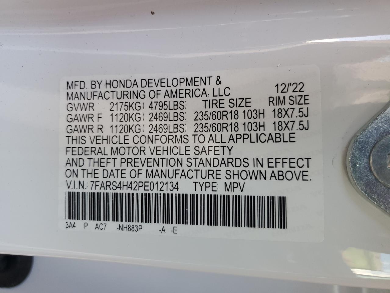 2023 HONDA CR-V EX VIN:7FARS4H42PE012134