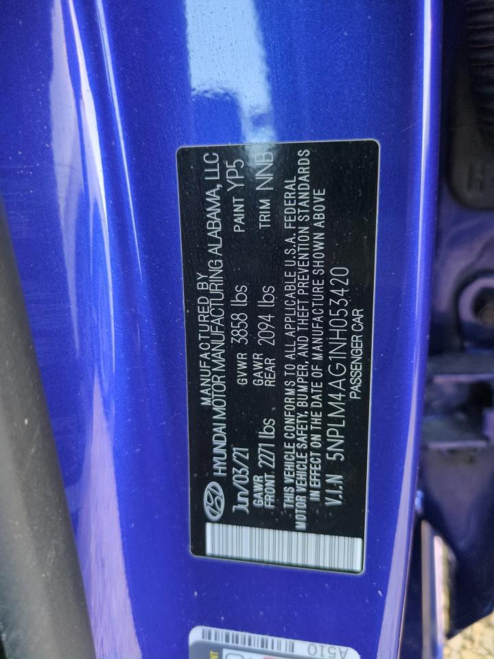 2022 HYUNDAI ELANTRA SEL VIN:5NPLM4AG1NH053420