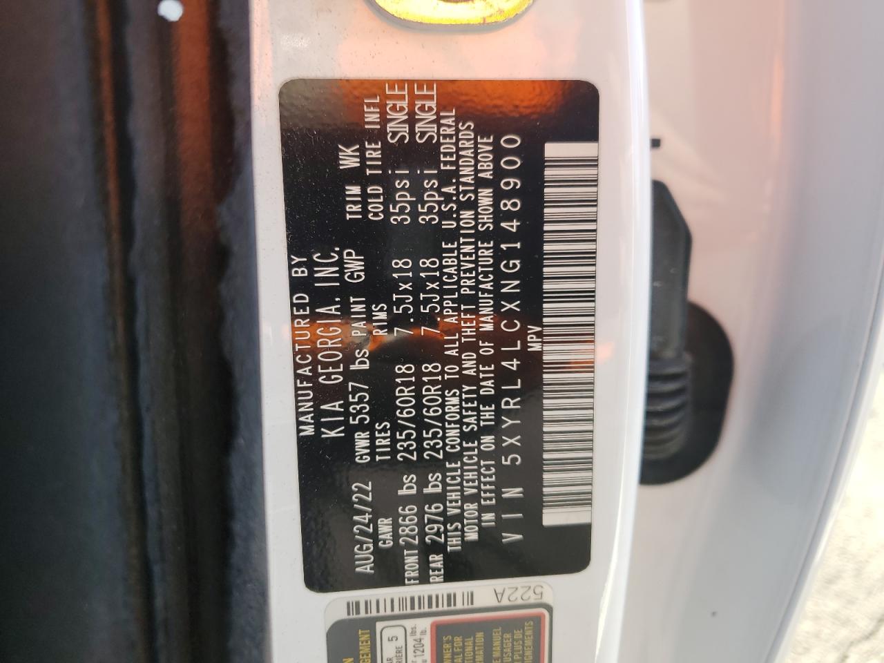 2022 KIA SORENTO S VIN:5XYRL4LCXNG148900