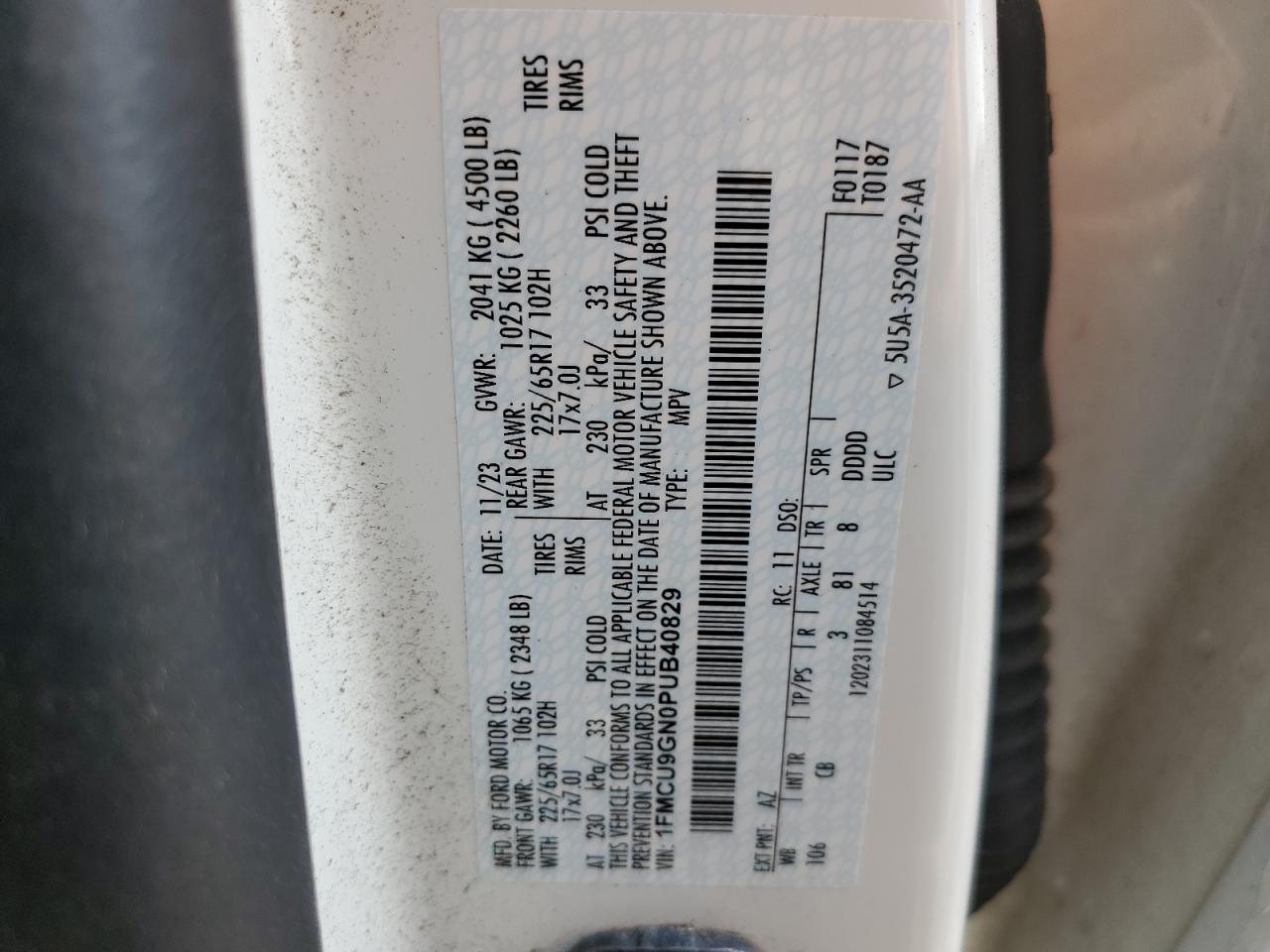2023 FORD ESCAPE ACTIVE VIN:1FMCU9GN0PUB40829