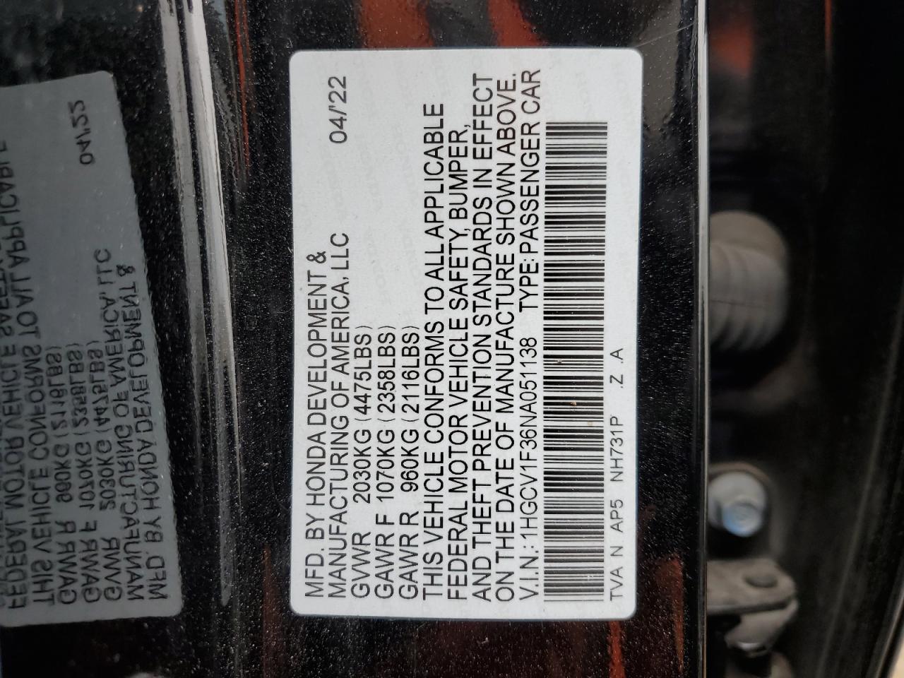 2022 HONDA ACCORD SPORT VIN:1HGCV1F36NA051138