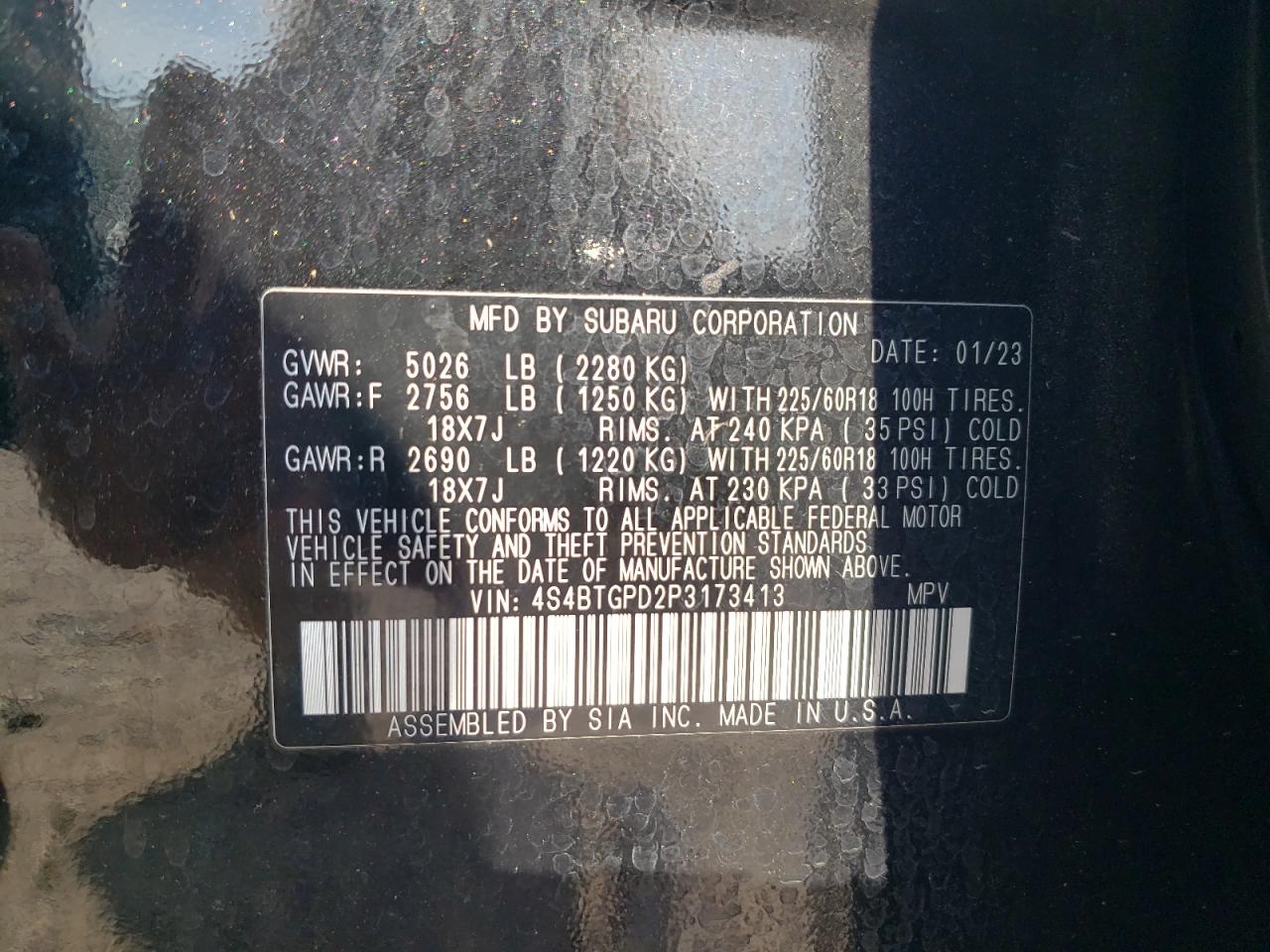 2023 SUBARU OUTBACK TOURING VIN:4S4BTGPD2P3173413