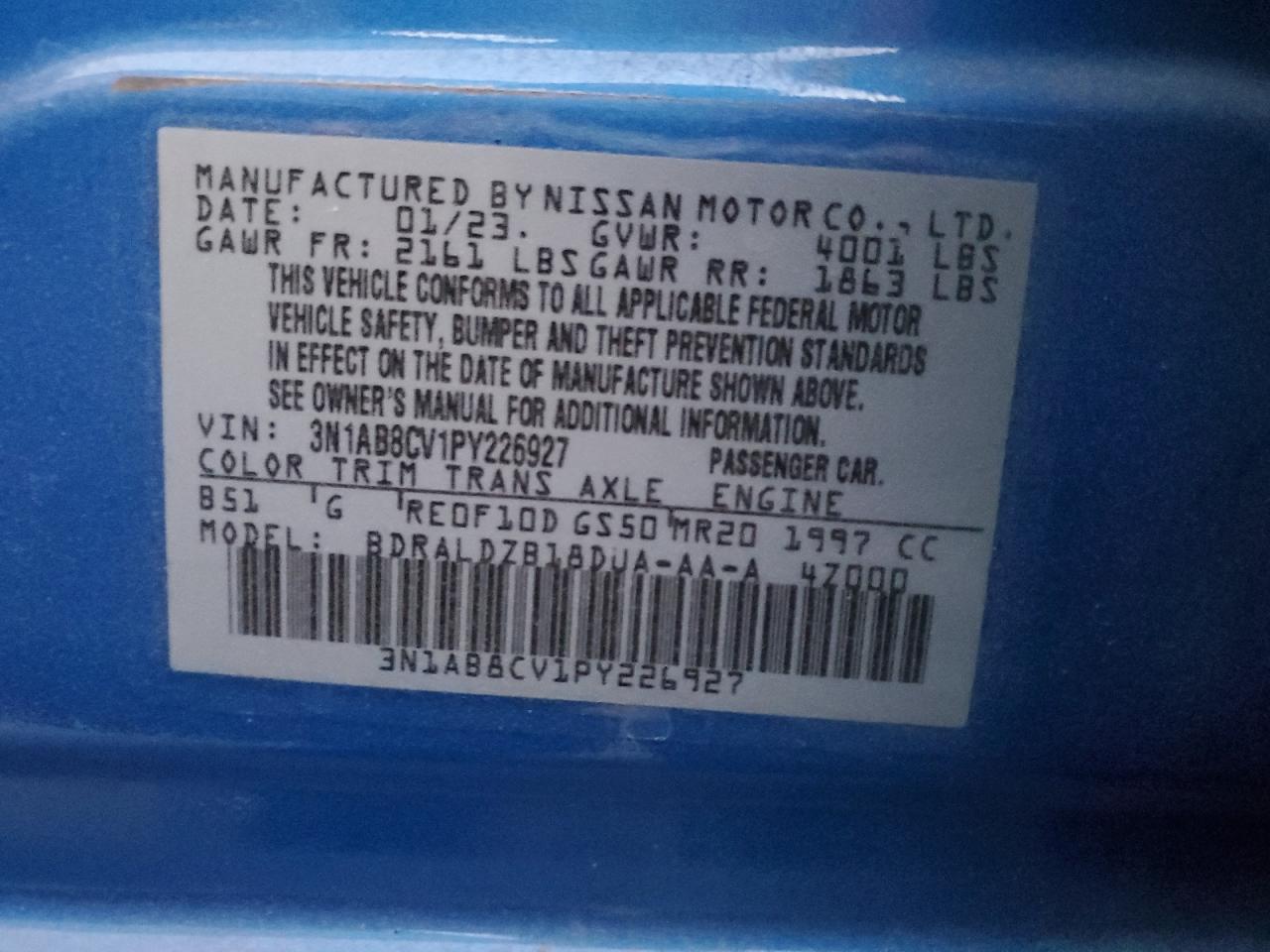 2023 NISSAN SENTRA SV VIN:3N1AB8CV1PY226927