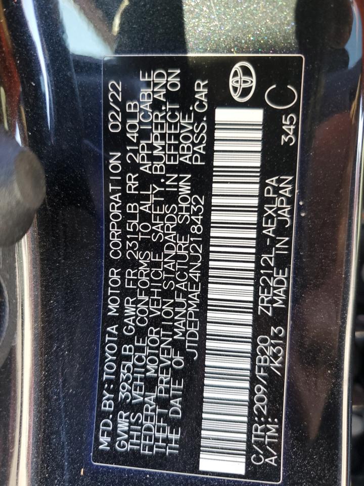 2022 TOYOTA COROLLA LE VIN:JTDEPMAE4NJ218432