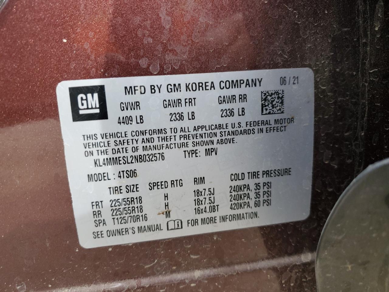 2022 BUICK ENCORE GX SELECT VIN:KL4MMESL2NB032576