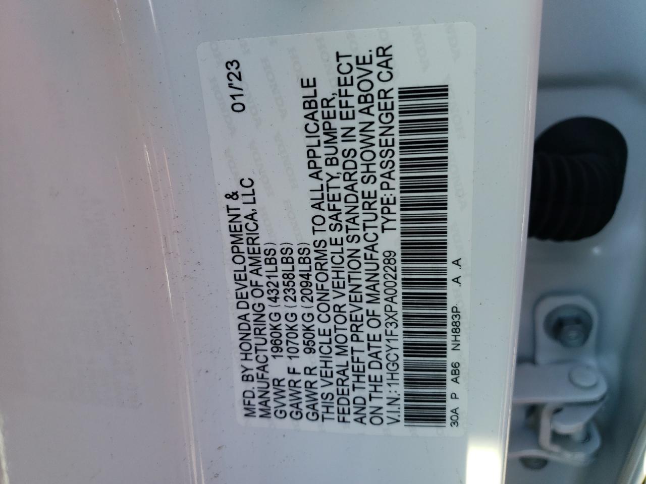 2023 HONDA ACCORD EX VIN:1HGCY1F3XPA002289