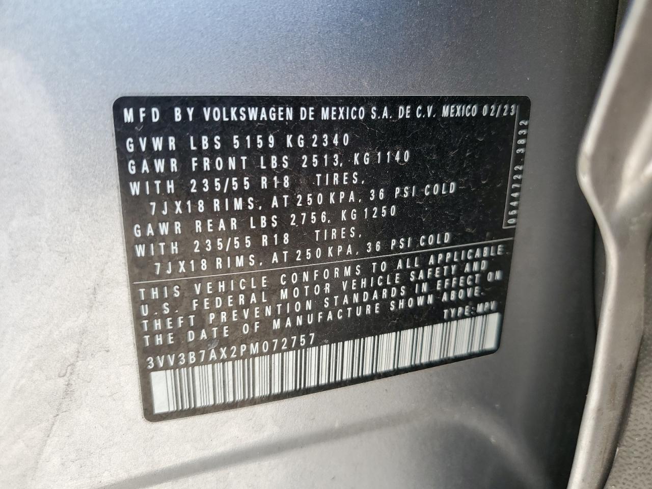 2023 VOLKSWAGEN TIGUAN SE VIN:3VV3B7AX2PM072757