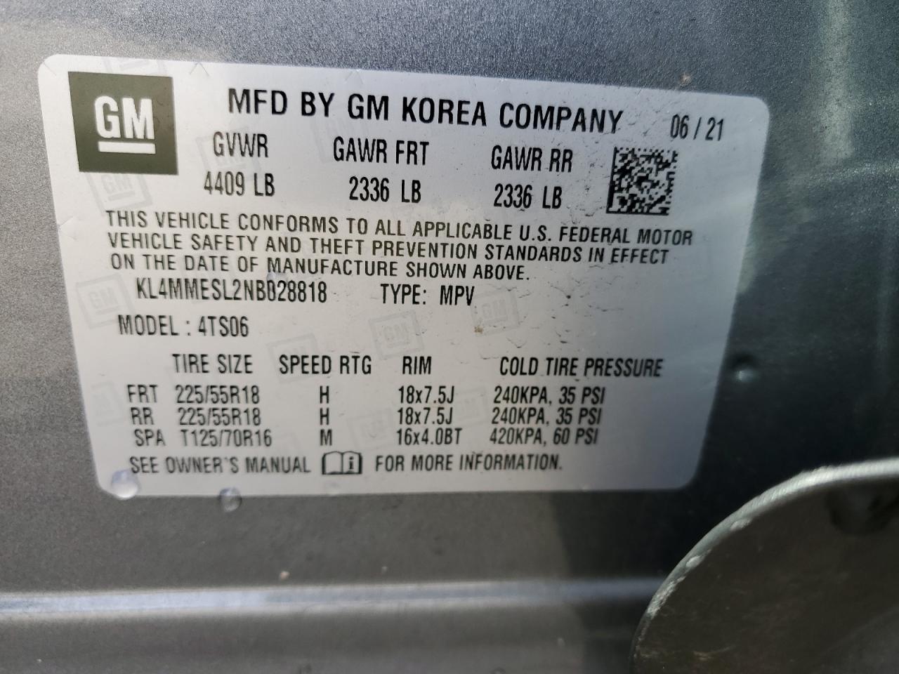 2022 BUICK ENCORE GX SELECT VIN:KL4MMESL2NB028818