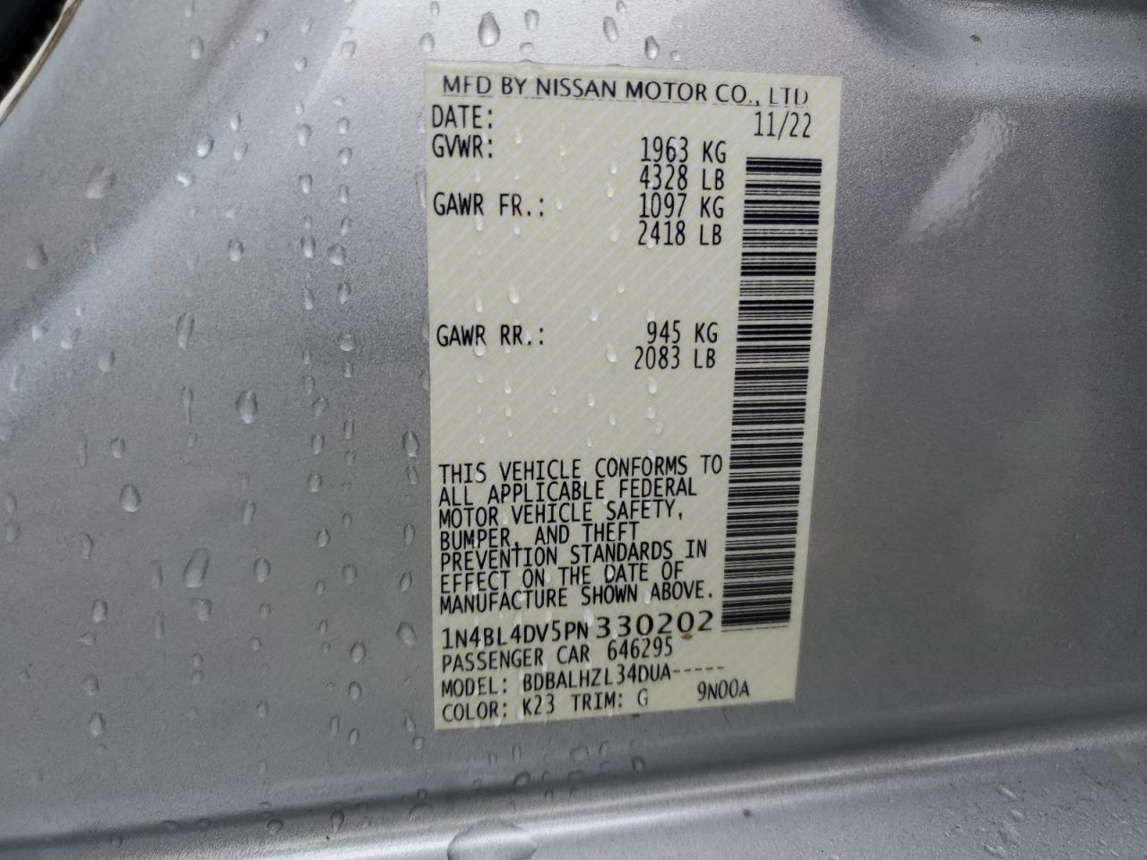 2023 NISSAN ALTIMA SV VIN:1N4BL4DV5PN330202