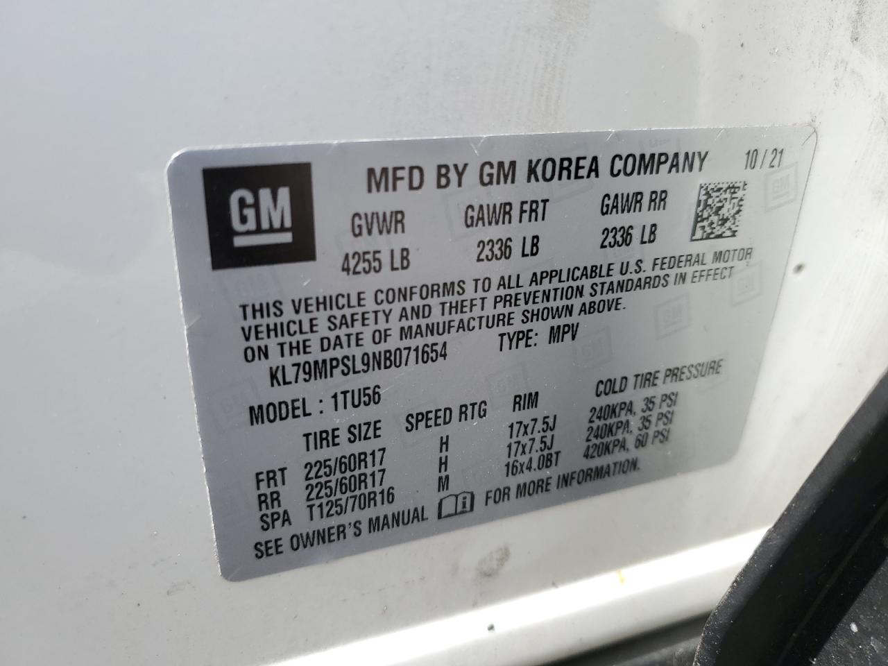 2022 CHEVROLET TRAILBLAZER LT VIN:KL79MPSL9NB071654