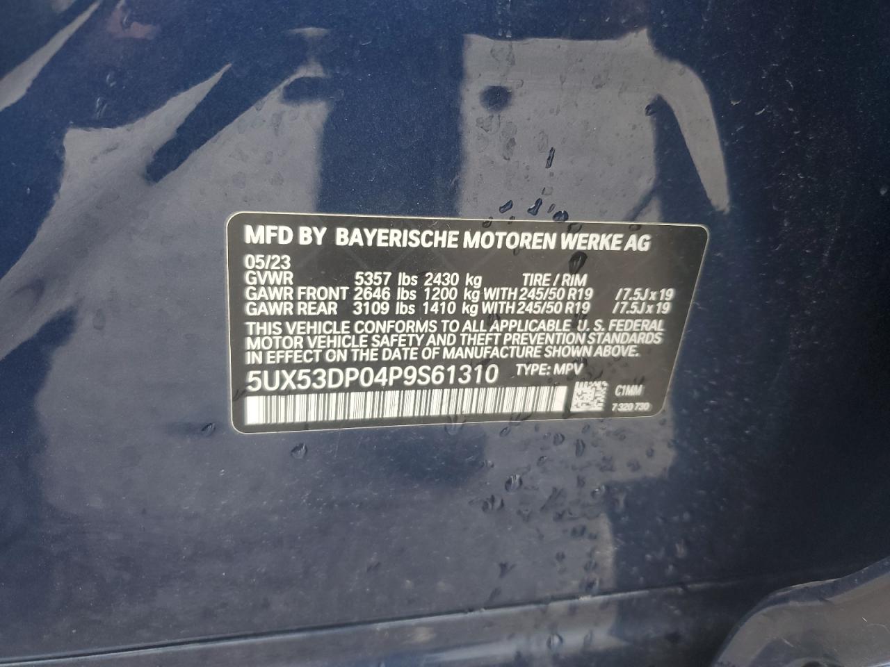 2023 BMW X3 XDRIVE30I VIN:5UX53DP04P9S61310