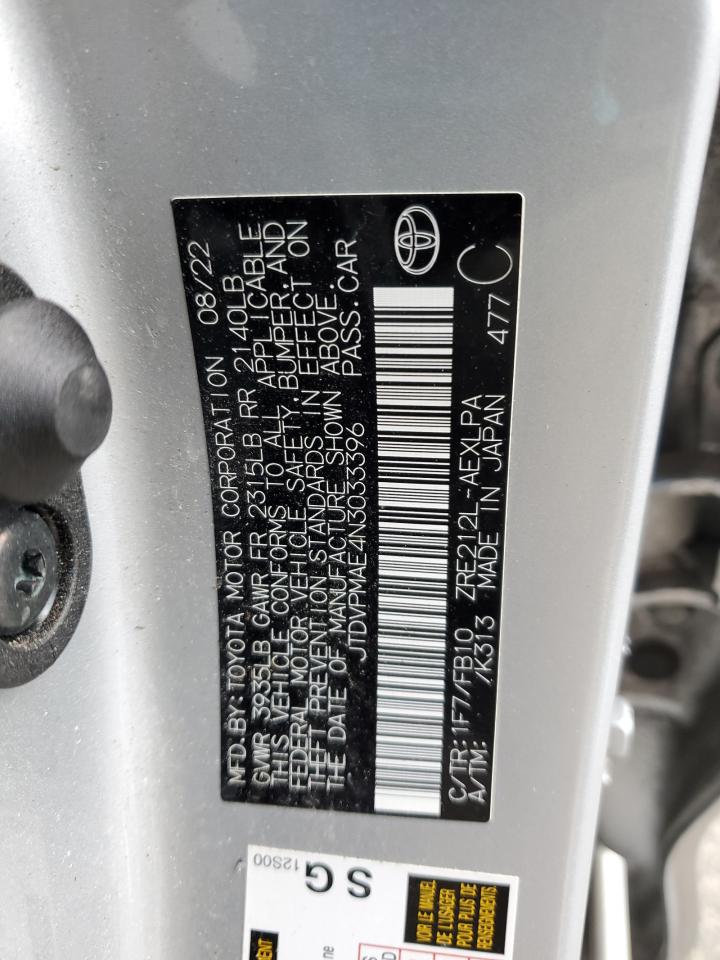 2022 TOYOTA COROLLA LE VIN:JTDVPMAE4N3033396
